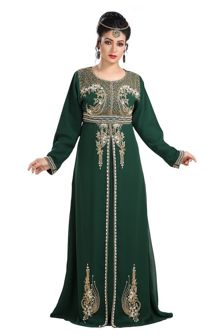 Bottle Green Hand Embroidered Georgette Traditional Kaftan