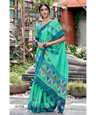 Turquoise Printed Linen Saree With Blouse 1
