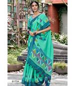 Turquoise Printed Linen Saree With Blouse