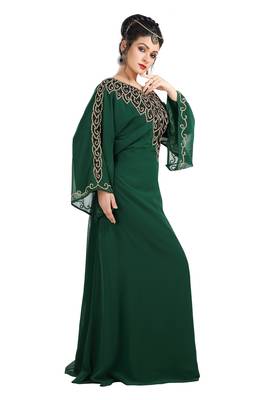 Bottle Green Hand Embroidered Georgette Kurdish Dress 2
