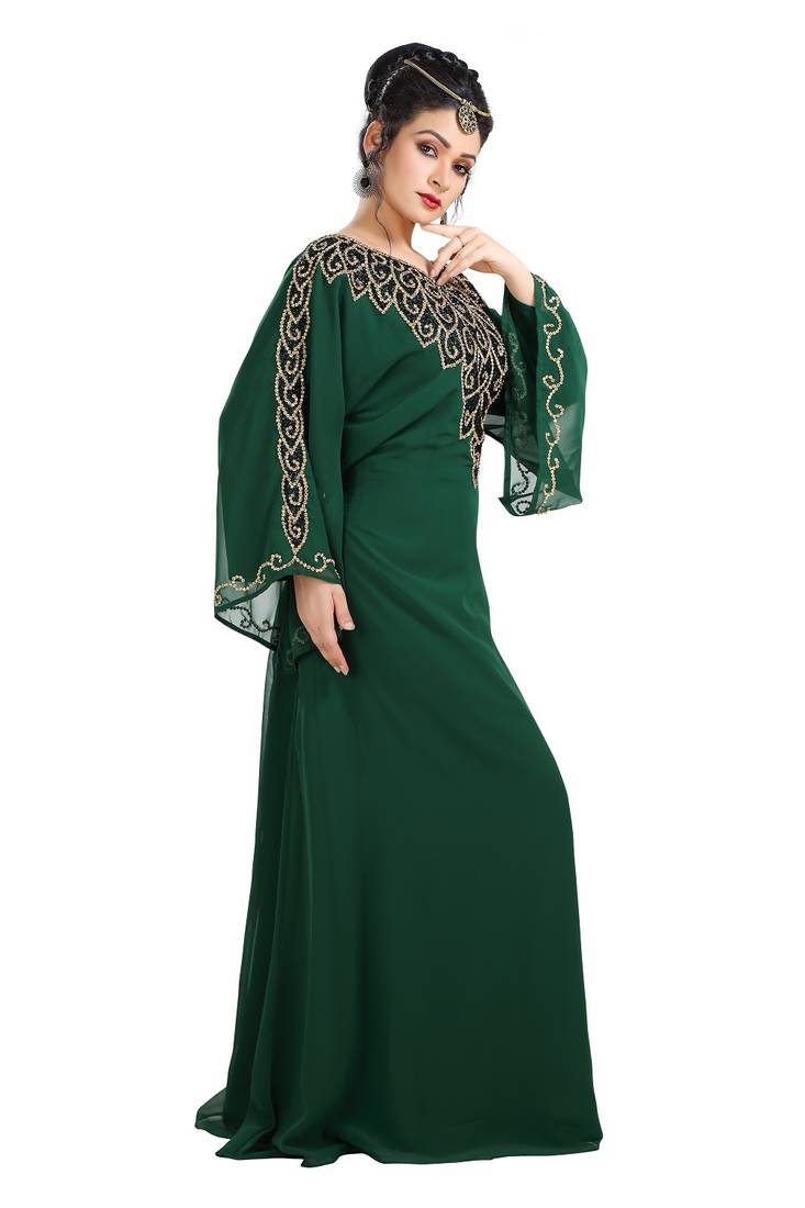 Bottle Green Hand Embroidered Georgette Kurdish Dress
