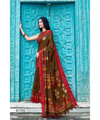 Brown Printed Linen Saree With Blouse 1