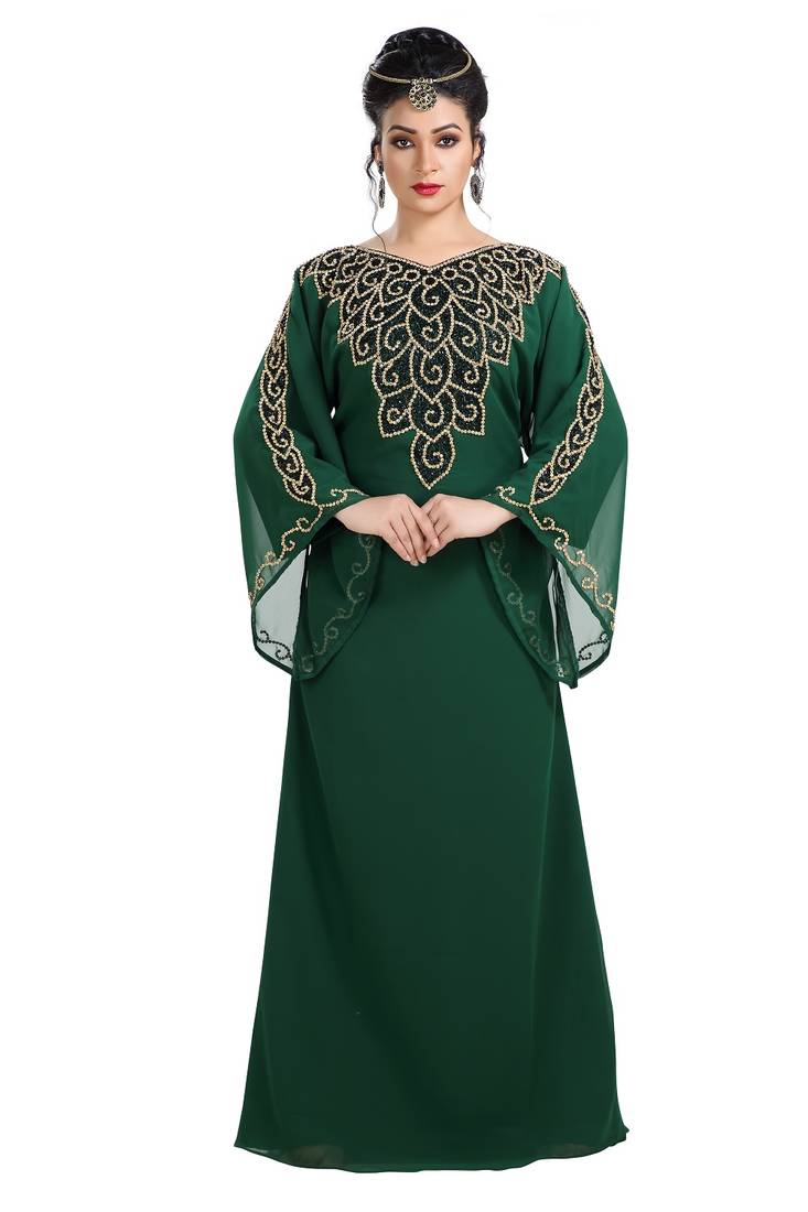 Bottle Green Hand Embroidered Georgette Kurdish Dress