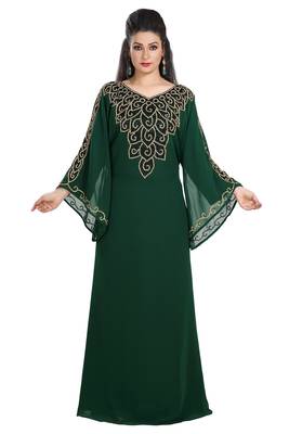 Bottle Green Hand Embroidered Georgette Kurdish Dress 4