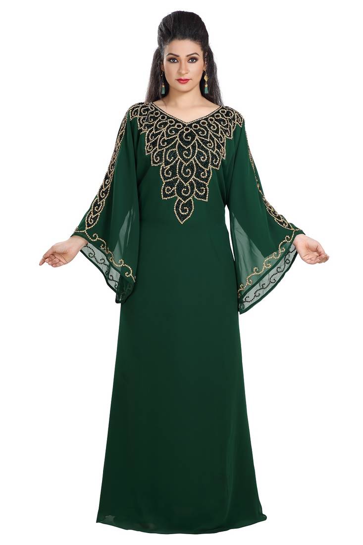 Bottle Green Hand Embroidered Georgette Kurdish Dress
