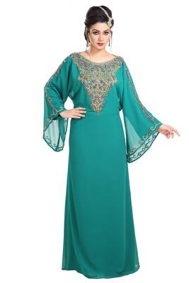 Dark Phirozy Hand Embroidered Georgette Maghribi Kaftan 1