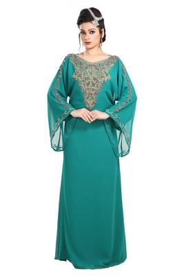 Dark Phirozy Hand Embroidered Georgette Maghribi Kaftan 2