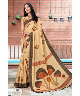 Beige Printed Linen Saree With Blouse 1