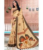 Beige Printed Linen Saree With Blouse