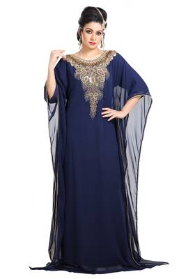 Navy Blue Hand Embroidered Georgette African Kaftan 1