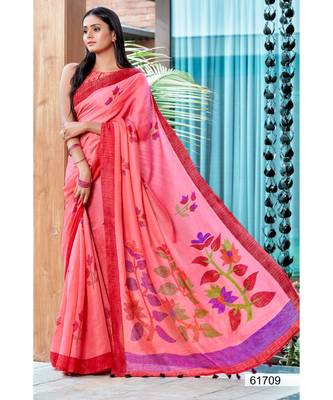 Pink Printed Linen Saree With Blouse 1