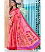 Pink Printed Linen Saree With Blouse