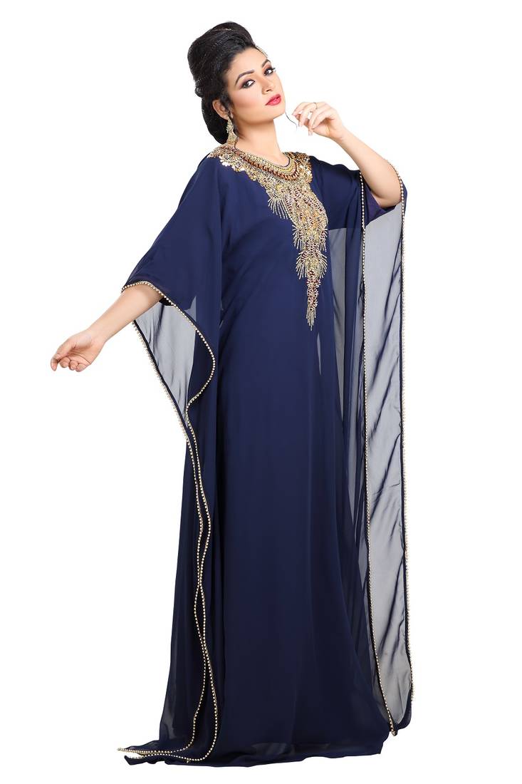 Navy Blue Hand Embroidered Georgette African Kaftan