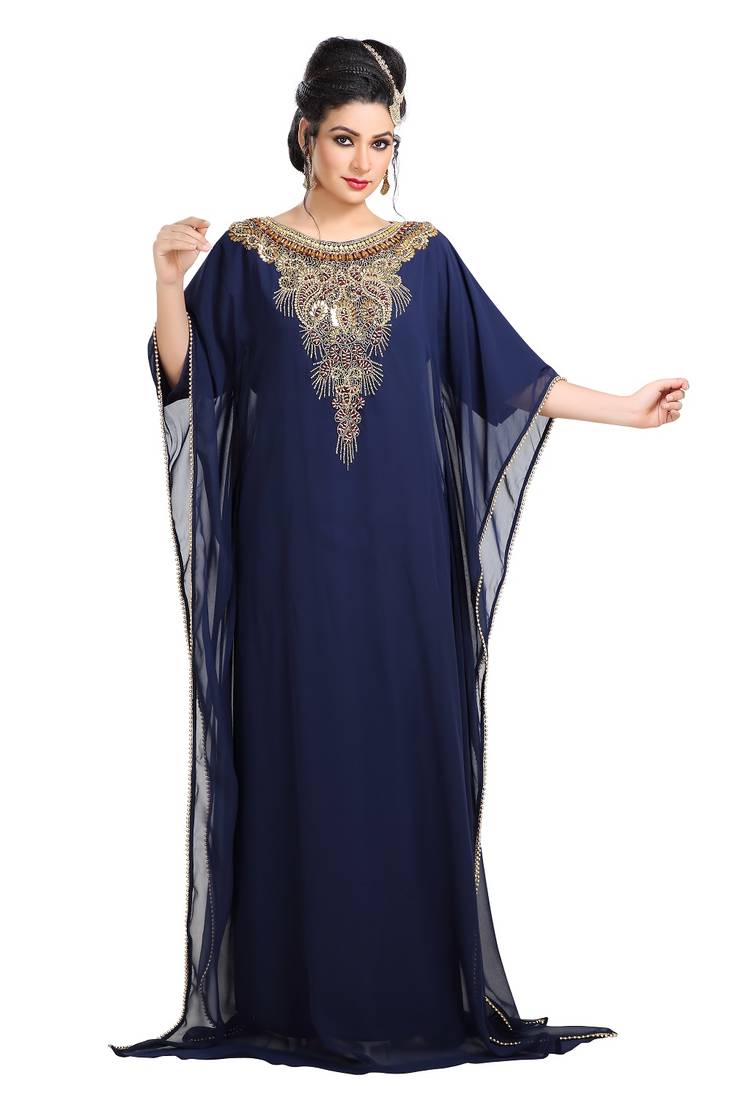 Navy Blue Hand Embroidered Georgette African Kaftan