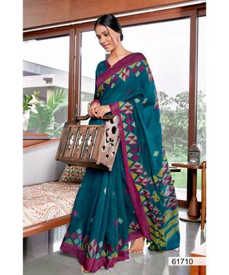 Green Printed Linen Saree With Blouse 1