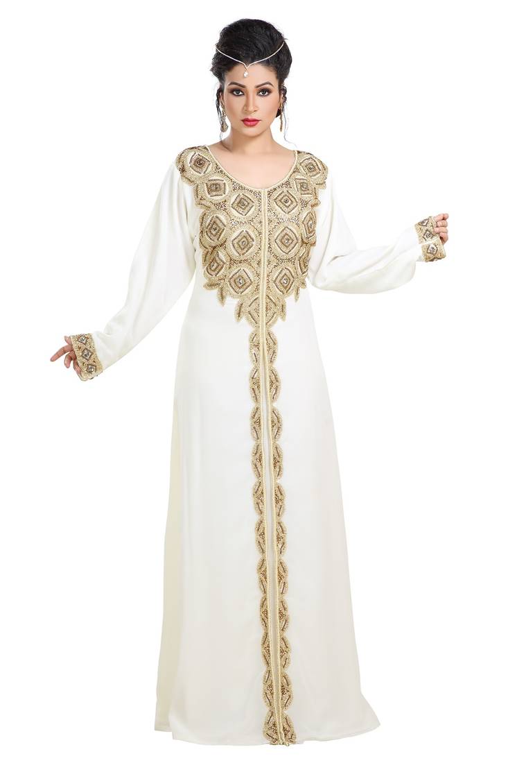 Cream Hand Embroidered Georgette Prom Dress