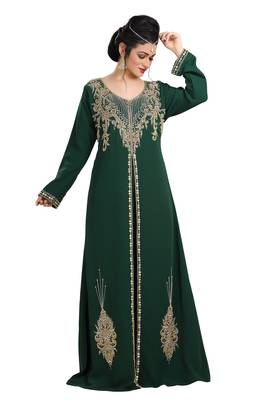 Bottle Green Hand Embroidered Georgette Henna Party Dress 1
