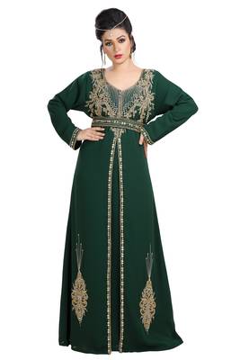 Bottle Green Hand Embroidered Georgette Henna Party Dress 2