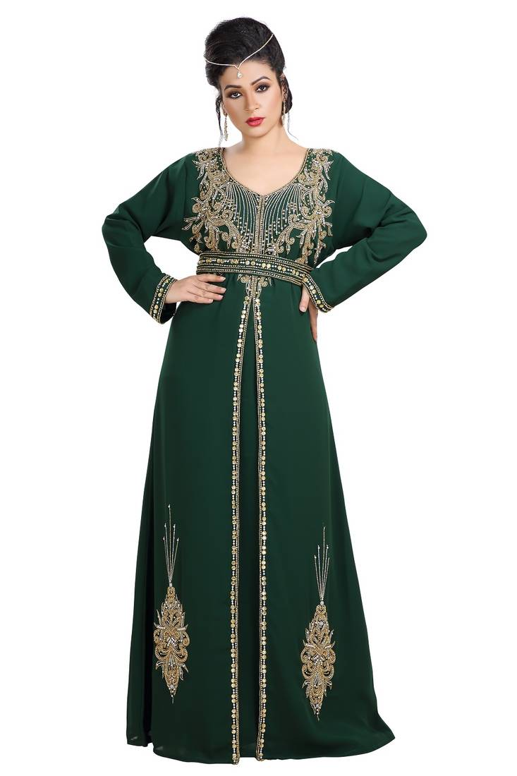 Bottle Green Hand Embroidered Georgette Henna Party Dress