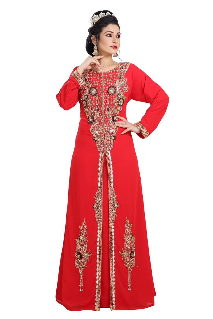 Red Hand Embroidered Georgette Traditional Kaftan