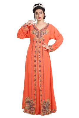 Orange Hand Embroidered Georgette Kurdish Dress 1