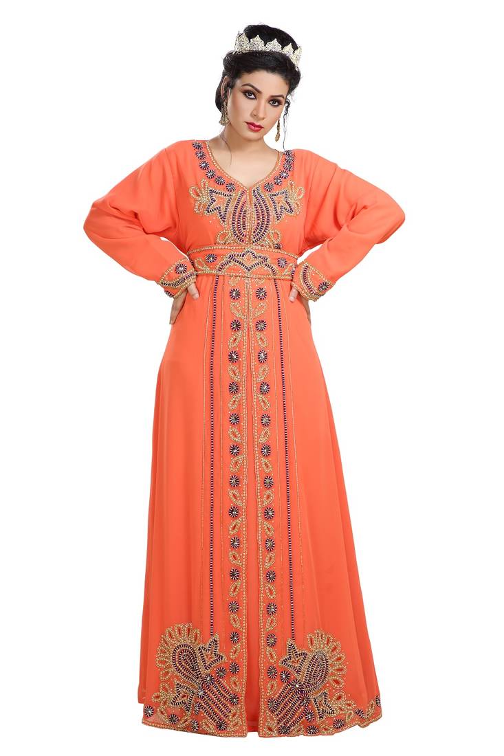 Orange Hand Embroidered Georgette Kurdish Dress