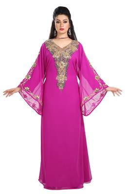 Dark Phirozy Hand Embroidered Georgette Maghribi Kaftan 3