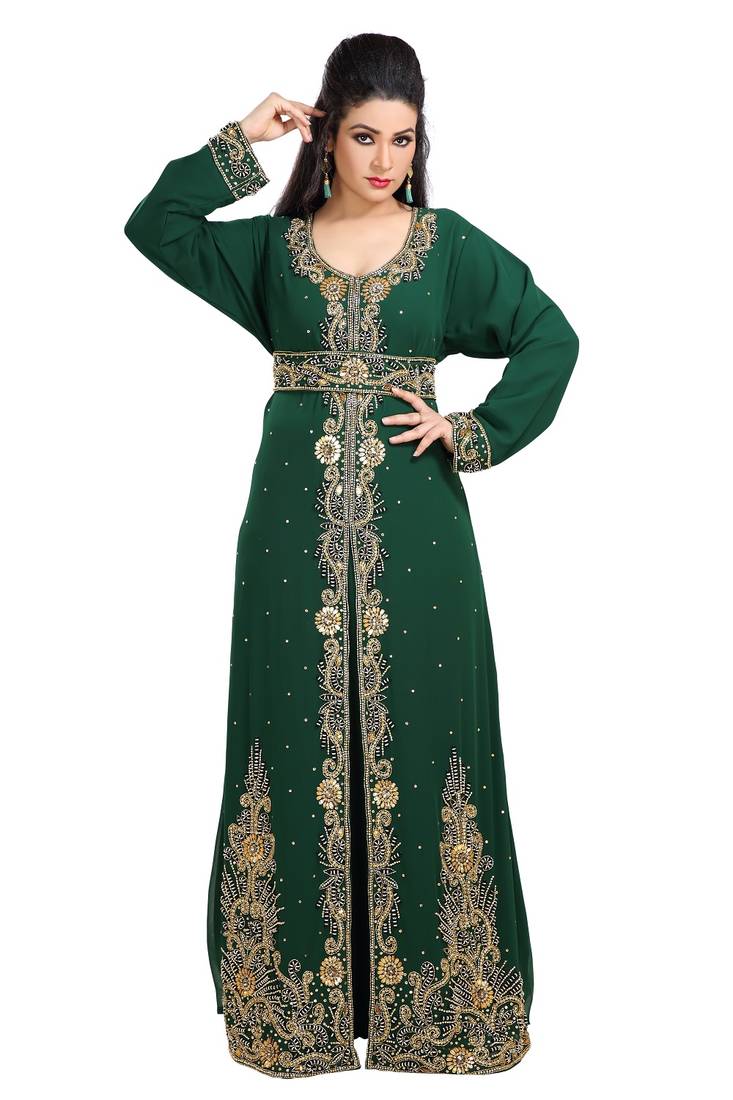 Bottle Green Hand Embroidered Georgette Khaleeji Thobe