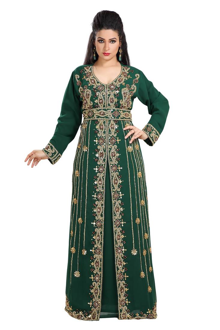 Bottle Green Hand Embroidered Georgette Arab Princess Wedding Gown