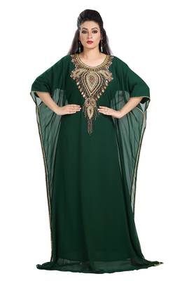 Bottle Green Hand Embroidered Georgette Moroccan Kaftan 1