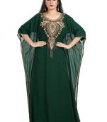 Bottle Green Hand Embroidered Georgette Moroccan Kaftan