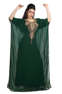 Bottle Green Hand Embroidered Georgette Moroccan Kaftan 2