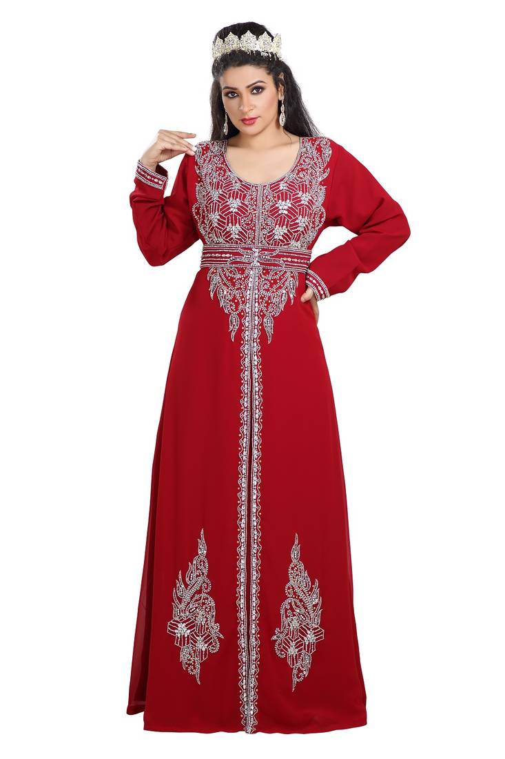 Maroon Hand Embroidered Georgette Prom Dress