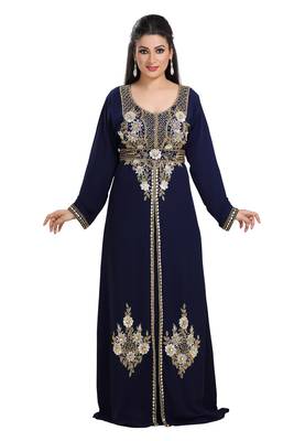 Dark Navy Blue Hand Embroidered Georgette Maghribi Kaftan 1