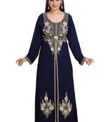 Dark Navy Blue Hand Embroidered Georgette Maghribi Kaftan