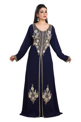 Dark Navy Blue Hand Embroidered Georgette Maghribi Kaftan 2