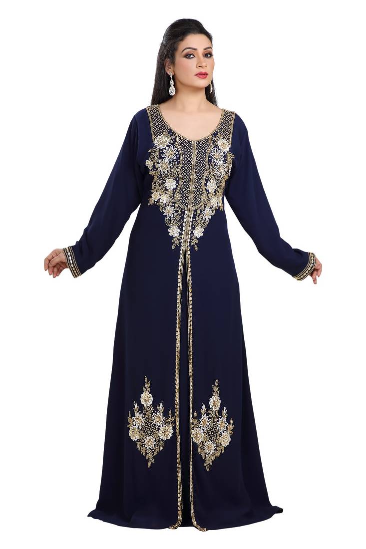 Dark Navy Blue Hand Embroidered Georgette Maghribi Kaftan