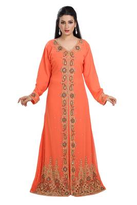 Orange Hand Embroidered Georgette Palestinian Kaftan 1