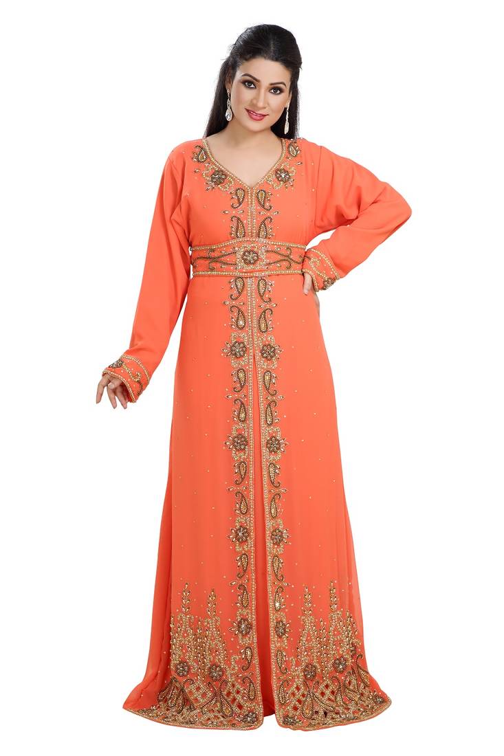Orange Hand Embroidered Georgette Palestinian Kaftan