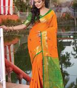 Yellow embroidered cotton saree with blouse