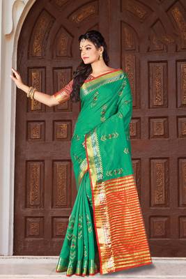 Green embroidered cotton saree with blouse 1