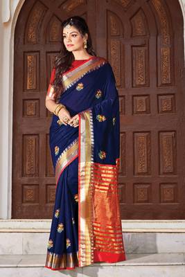 Blue embroidered cotton saree with blouse 1