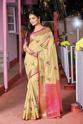 Cream embroidered cotton saree with blouse 1