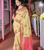 Cream embroidered cotton saree with blouse