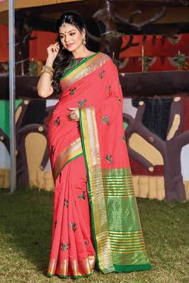 Pink embroidered cotton saree with blouse 1