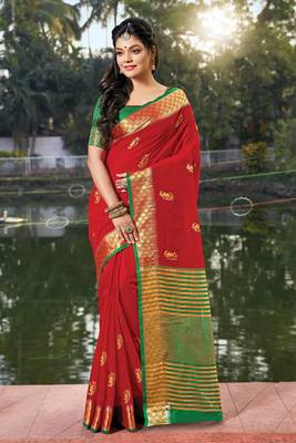 Red embroidered cotton saree with blouse 1
