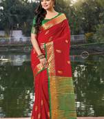 Red embroidered cotton saree with blouse