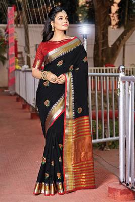 Black embroidered cotton saree with blouse 1