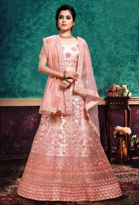 Peach cord net semi stitched lehenga 1