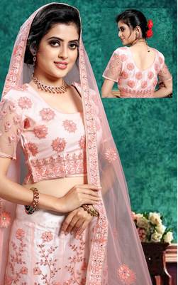 Peach cord net semi stitched lehenga 2